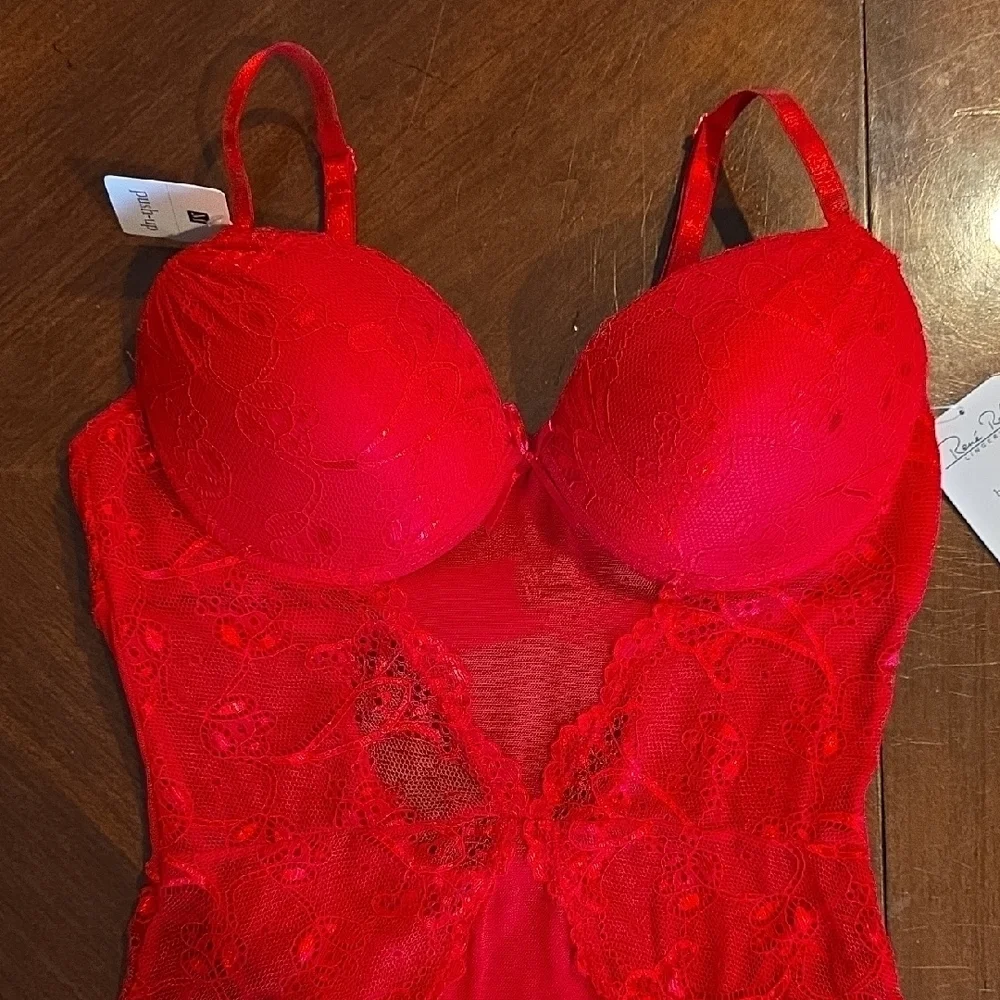 (J31) Rene Rofe Vibrant Red Lace Bodysuit Sz M - Picture 2 of 9
